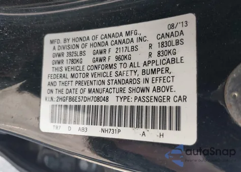 2013 Honda Civic Si z USA, uszkodzony, nr VIN 2HGFB6E57DH708048